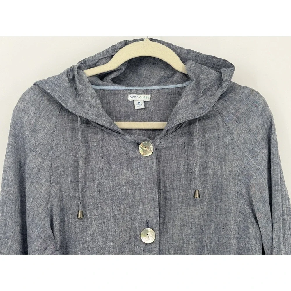 Sigrid Olsen Womens M Jacket Linen Blend Blue Hooded Swing‎ Lagenlook Nautical